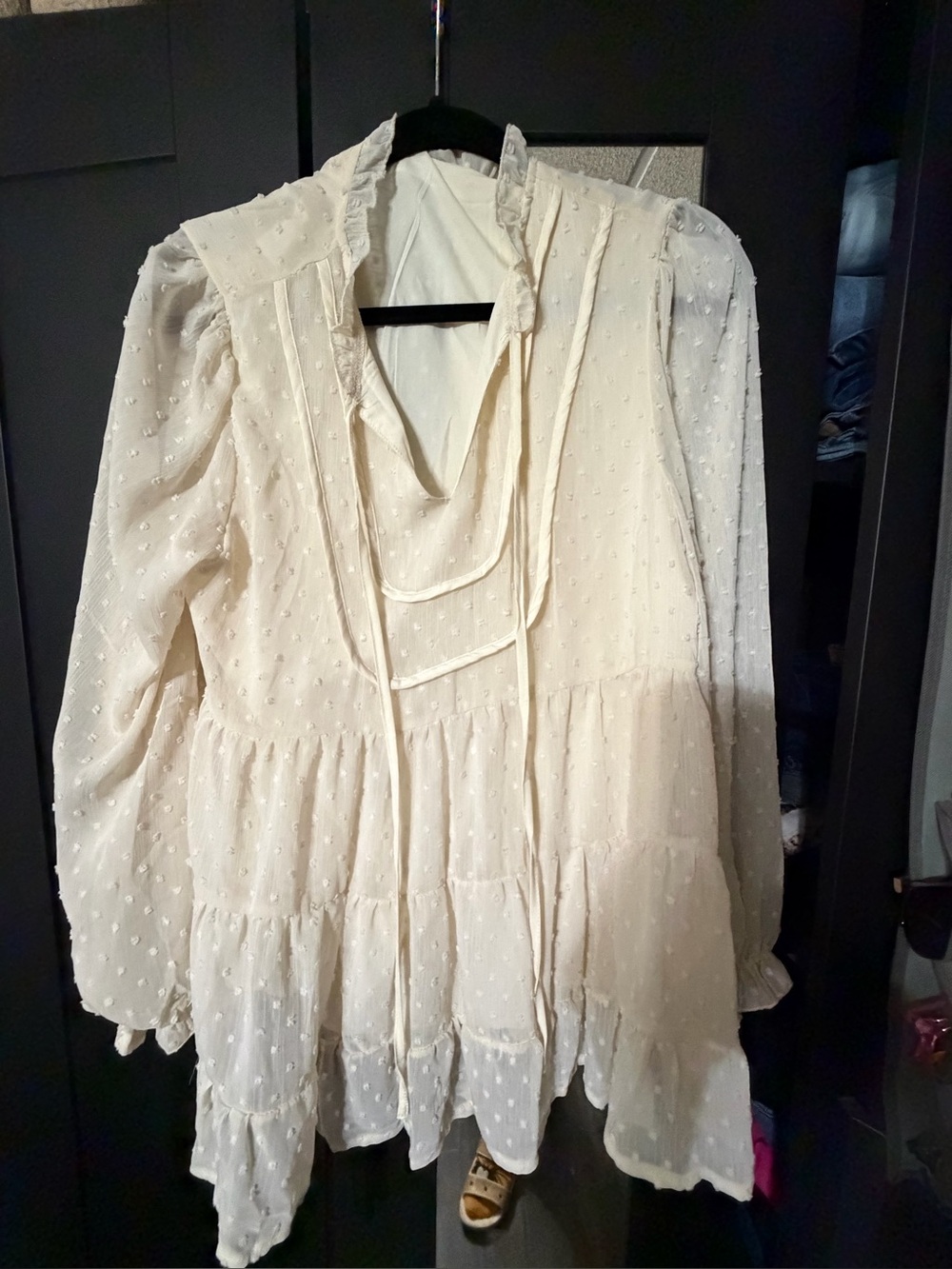 Cream Swiss Dot Tie-Front Peasant Blouse